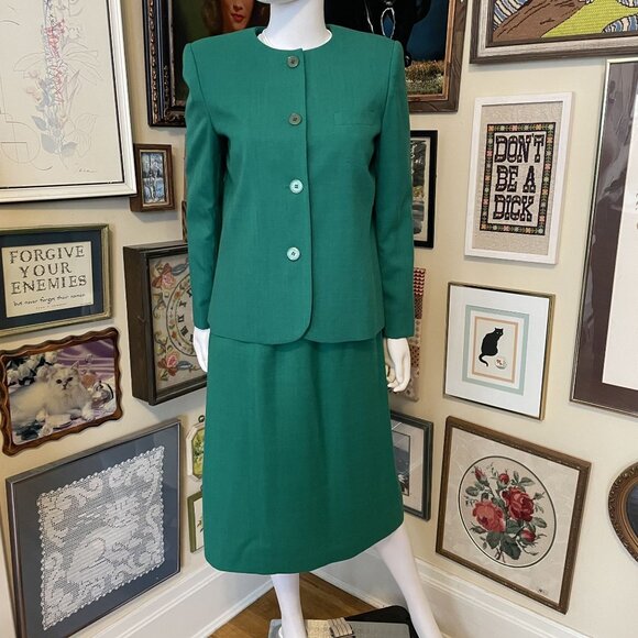 80s Vintage Sasson Green Woven Collarless 2 Piece Skirt and Jacket Set Size 8 - Picture 1 of 10